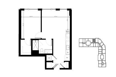 Floor plan for 1 bed, 1 bath, 697 sqft